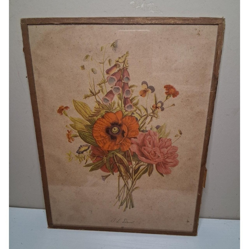 Vintage J.L. Prévost Floral Bouquet Print Gold Framed Wall Art 8.5" x 11"
